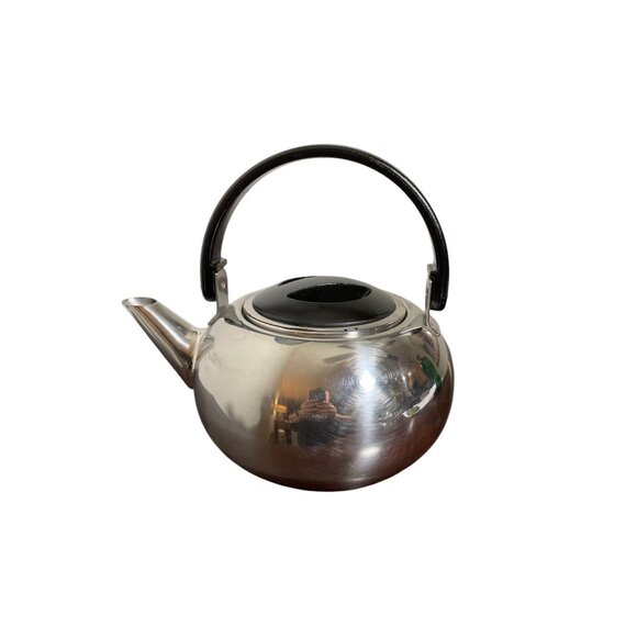 Vtg Revere Ware Stainless Steel Low-Profile Teapot With Black Handle & Lid - Picture 1 of 9